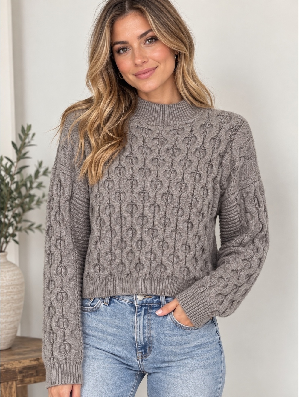 By Anthropologie Women's Small Gray Cable Knit Mock Neck Sweater